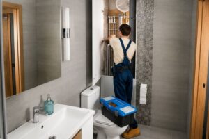 Technician providing water heater solution during a residential plumbing service