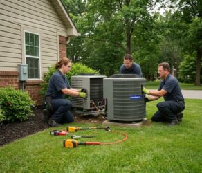 Residential air conditioner replacement with outdoor condenser and indoor HVAC equipment.