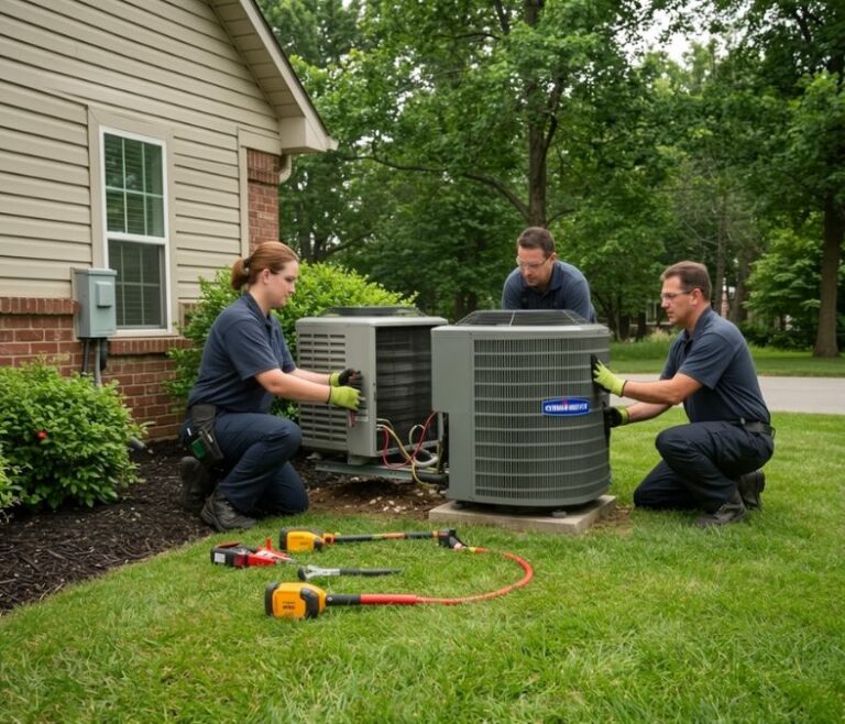 Residential air conditioner replacement with outdoor condenser and indoor HVAC equipment.