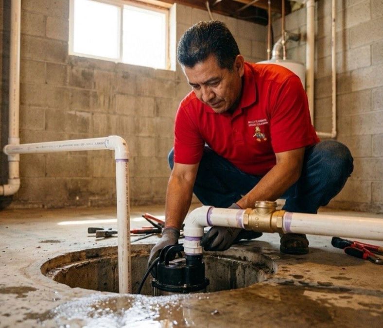Professional technician inspecting a sump pump for sump pump installation in Lenexa